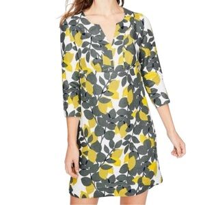 Boden 100% Linen Lemon Print Mini Dress Yellow Gray V-Neck 3/4 Sleeve Size Small